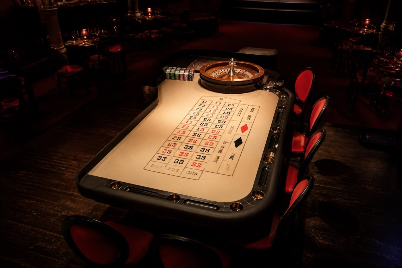 Table de roulette dans un salon sombre, illustration live casino Magical Spin